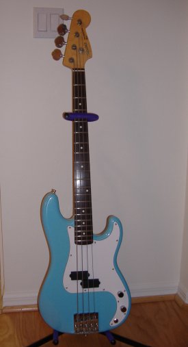 Shortscale Fender Squire P-Bass.  Alembic active pickups and tone controls. Badass brigde. Nitro refinish.